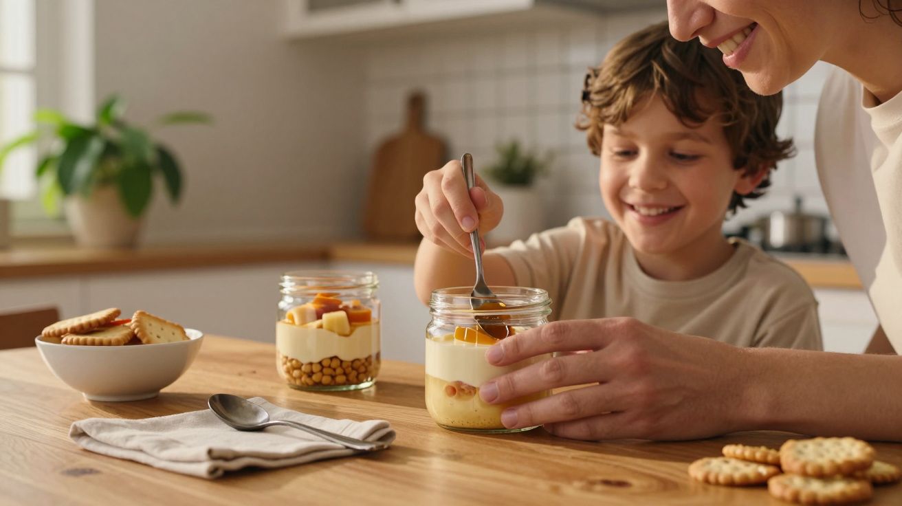 Criança e adulto preparam sobremesa em frascos de vidro na cozinha, com bolachas e taça ao fundo.