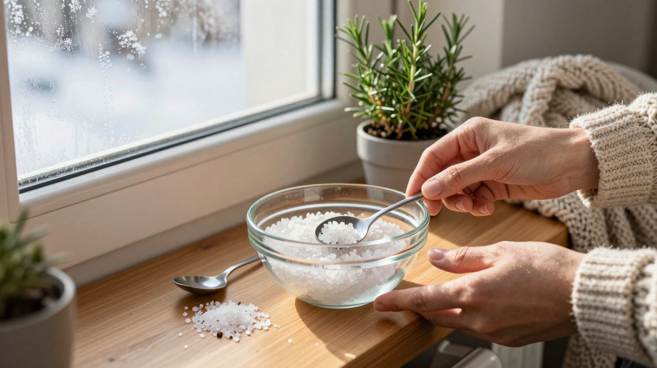 Pessoa pegando sal com colher, ao lado de janela com plantas, num ambiente acolhedor.