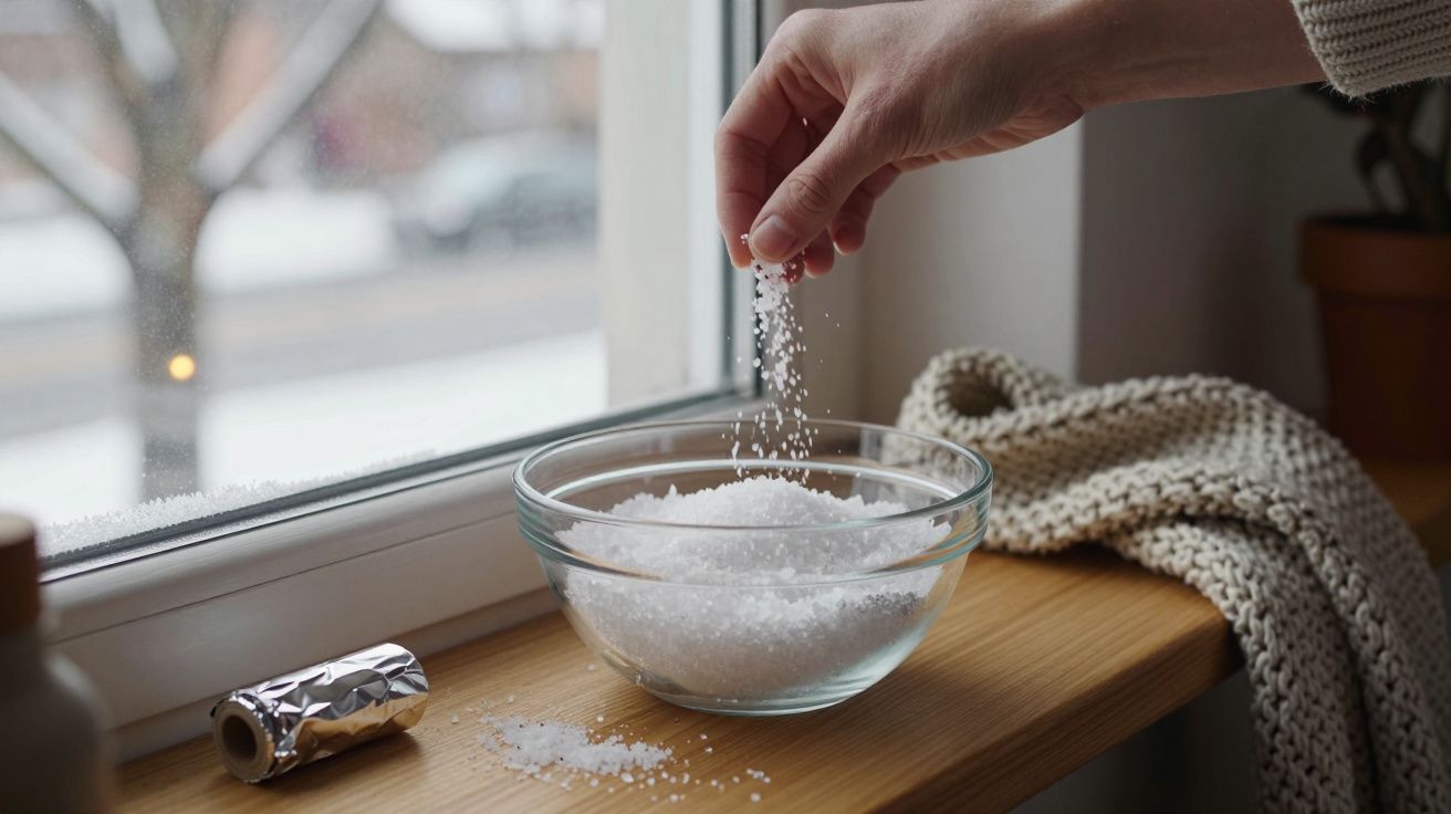 Mão feminina a polvilhar sal numa tigela de vidro num parapeito de janela nevado, com uma planta e pano tricotado ao lado.
