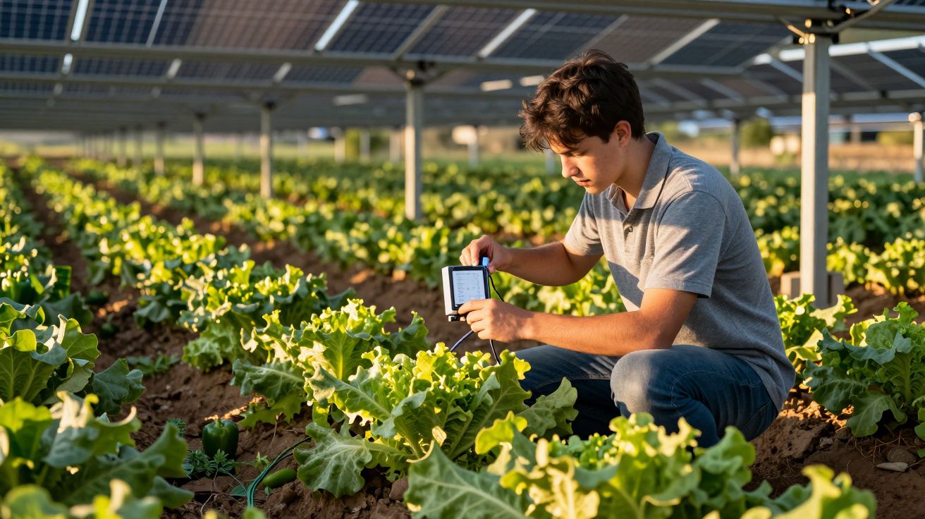 Homem jovem examina plantas sob painéis solares em campo agrícola.