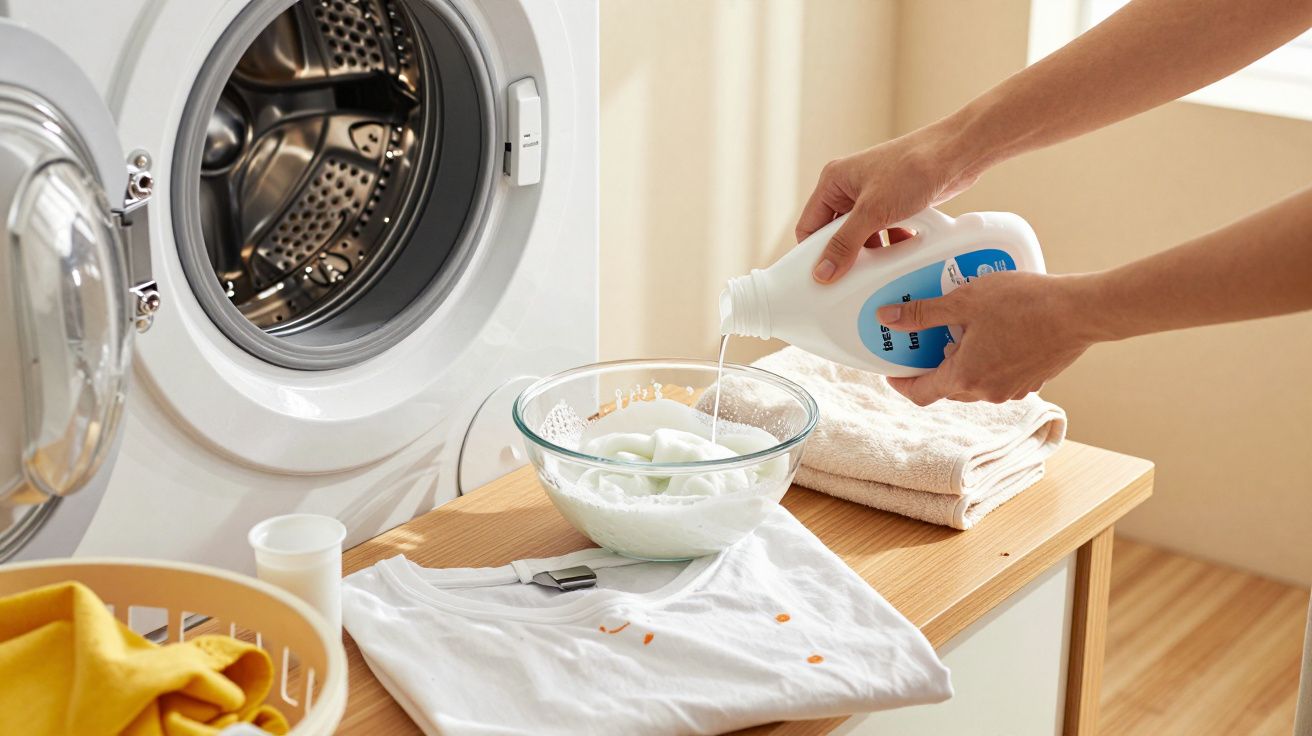 Pessoa a derramar detergente num recipiente com roupa perto de uma máquina de lavar aberta.