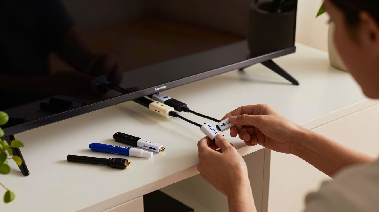 Pessoa conecta dispositivo USB a uma televisão sobre uma mesa branca, com cabos e outros gadgets por perto.