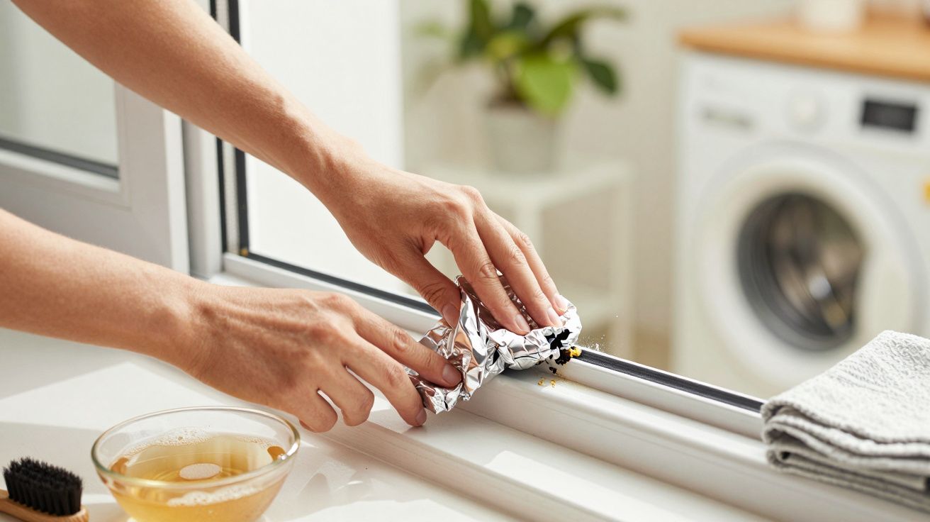 Mãos limpam calha de janela com papel alumínio; planta e máquina de lavar ao fundo.
