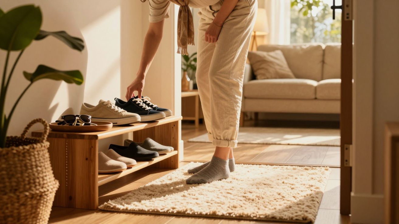 Pessoa a colocar sapatilhas num móvel de madeira junto a carpete, com sala de estar ao fundo.