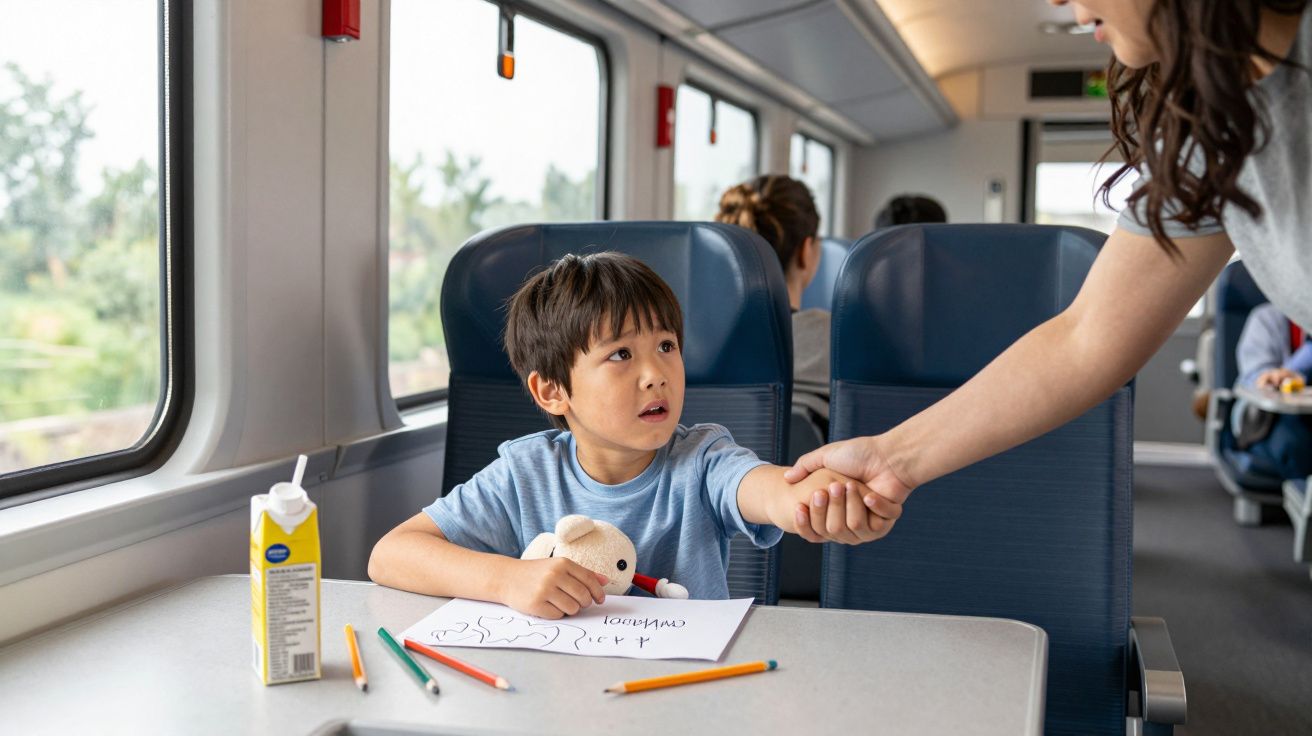 Menino sentado num comboio, segurando uma mão, com lápis e desenho na mesa. Uma caixa de sumo está ao lado.
