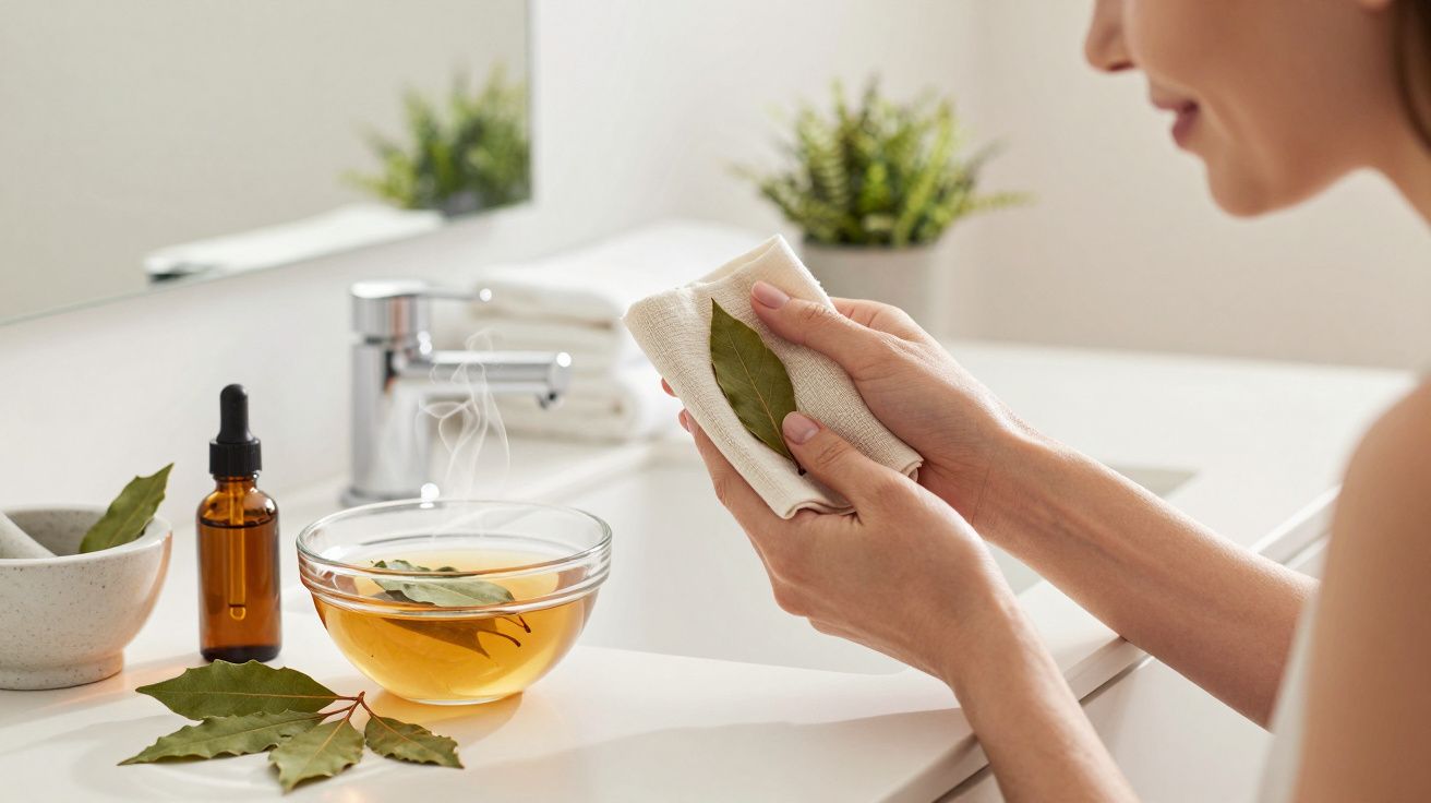 Mulher segura toalha com folha de louro num banheiro; ao lado, uma tigela de ervas e um frasco de óleo essencial.