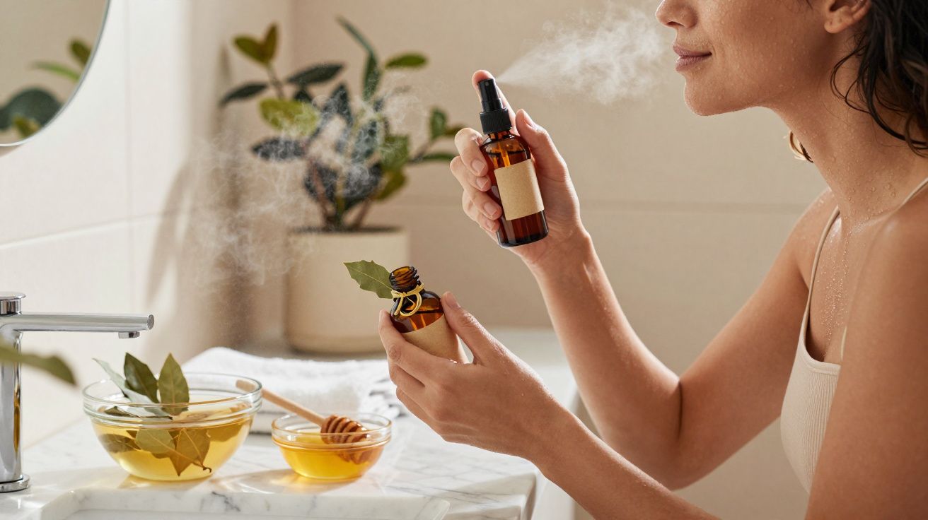 Mulher usando spray facial ao lado de tigelas com mel e folhas numa bancada, em ambiente de casa de banho.
