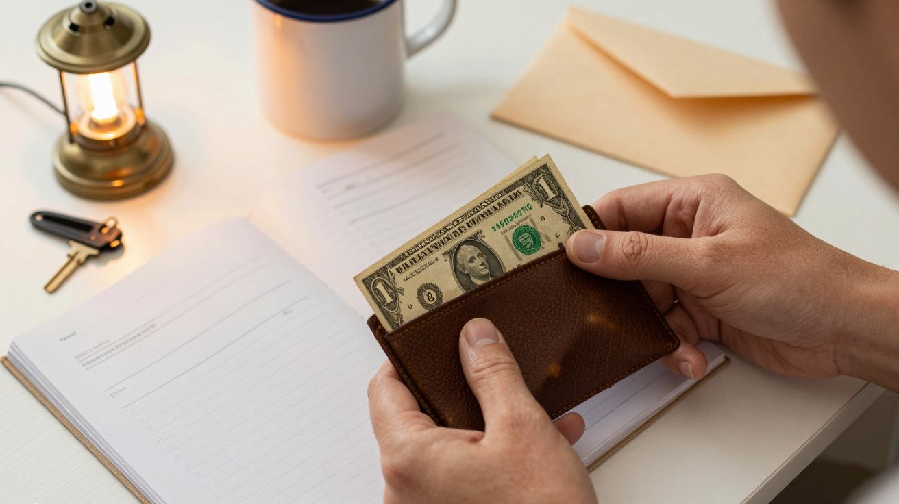 Pessoa a segurar uma carteira castanha com notas de dólar, sobre uma mesa com caderno, chávena e candeeiro.