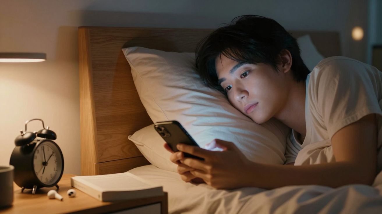 Jovem deitado na cama à noite, a olhar para o telemóvel. Um candeeiro e relógio despertador estão na mesinha de cabeceira.