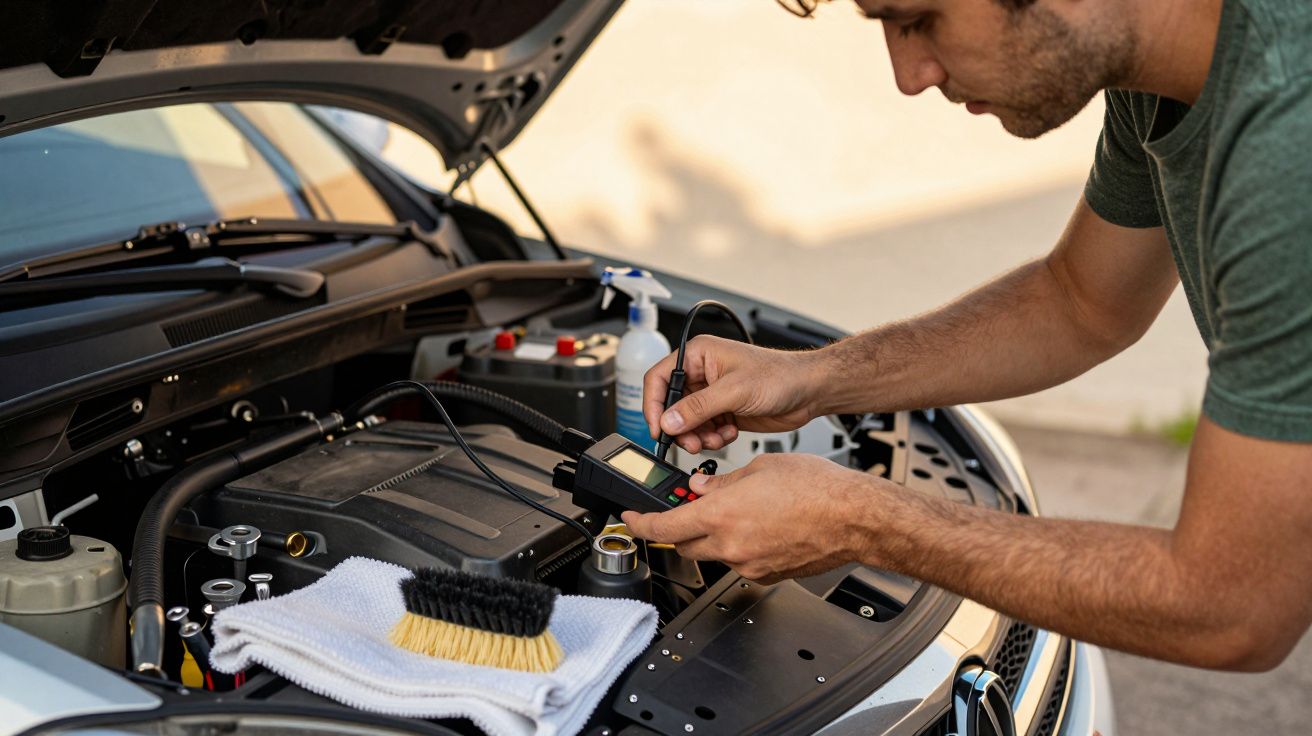 Homem a verificar a bateria do carro com multímetro, capô aberto e ferramentas por perto.