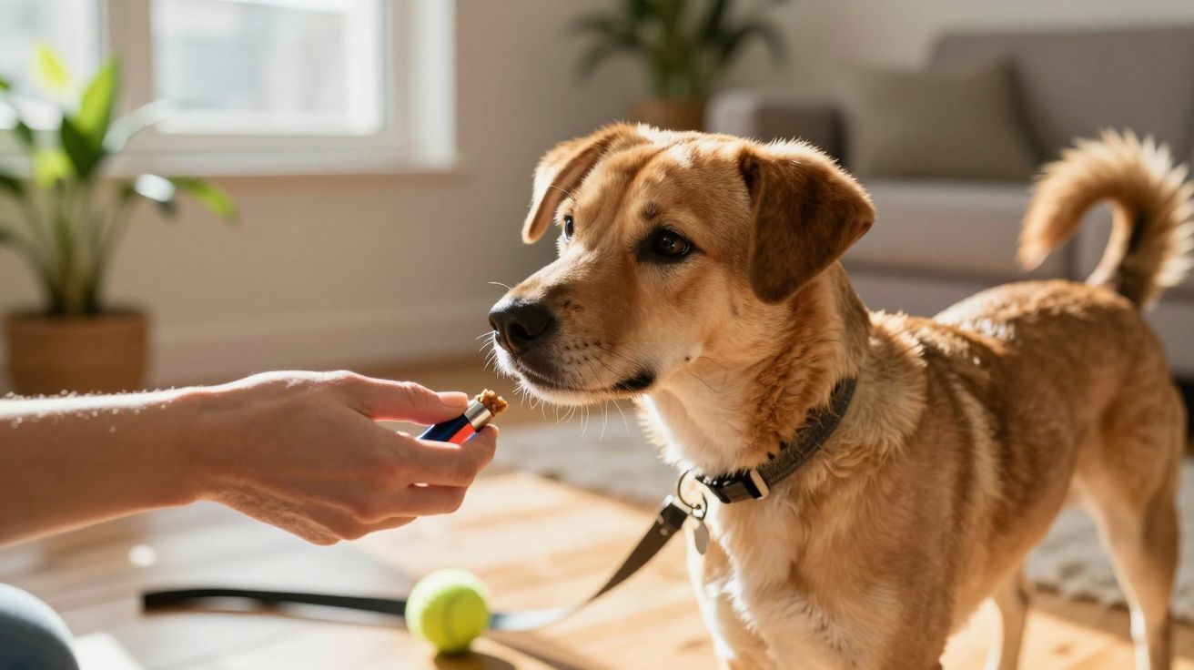 Cão castanho recebe um biscoito numa sala com luz solar.