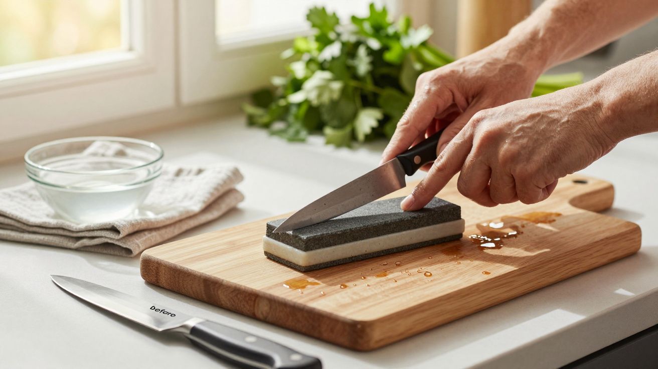 Mãos afiando uma faca numa pedra de afiar sobre tábua de madeira, com ervas e tigela pequena ao fundo.