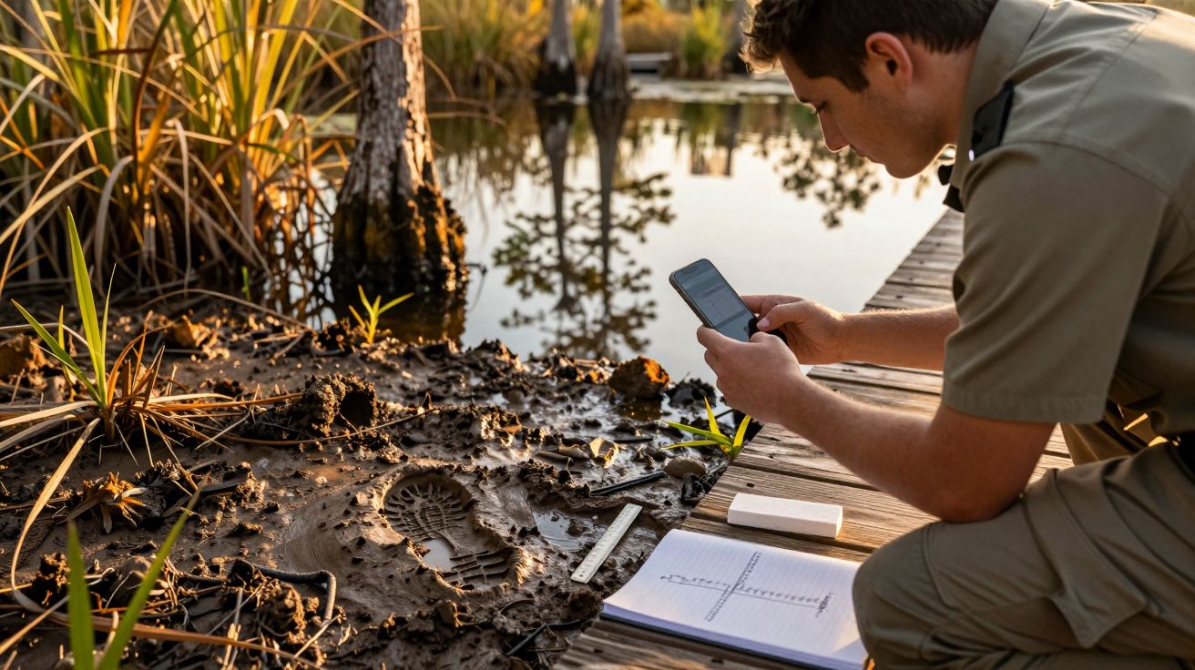 Homem analisa pegada no solo lamacento ao lado de um rio, usando um telemóvel e caderno aberto.