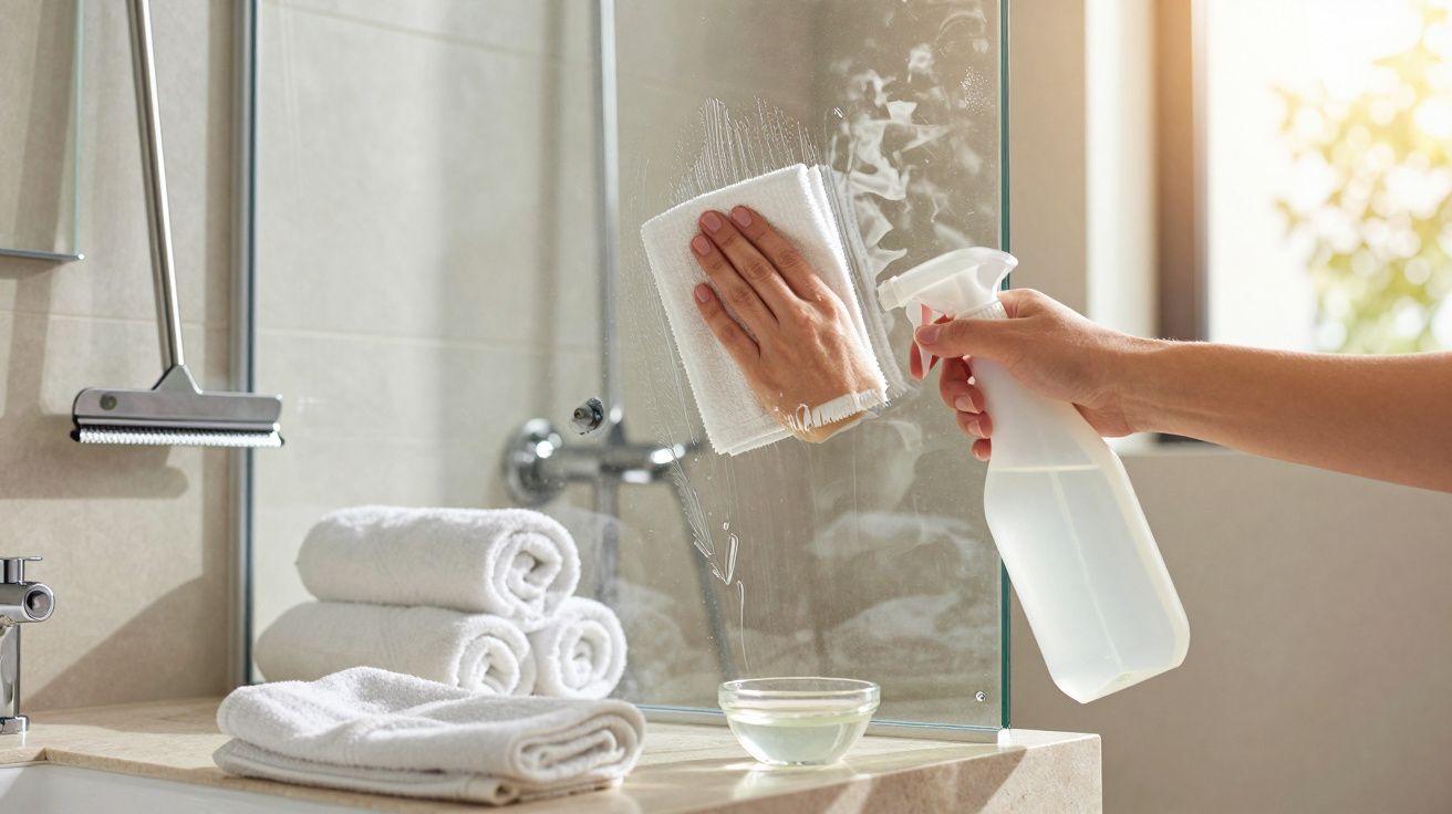 Pessoa a limpar vidro do duche com spray e pano. Toalhas brancas dobradas estão ao lado. Luz solar suave ao fundo.