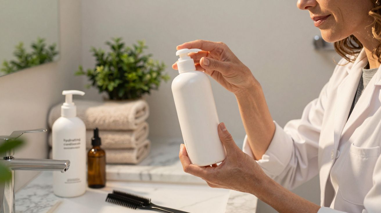 Mulher segura uma garrafa de loção em casa de banho com toalhas e plantas ao fundo.