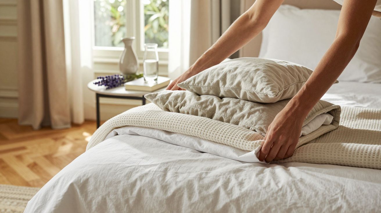Pessoa a fazer a cama com lençóis e almofadas, mesa ao lado com jarra e copo de água, janela ao fundo.