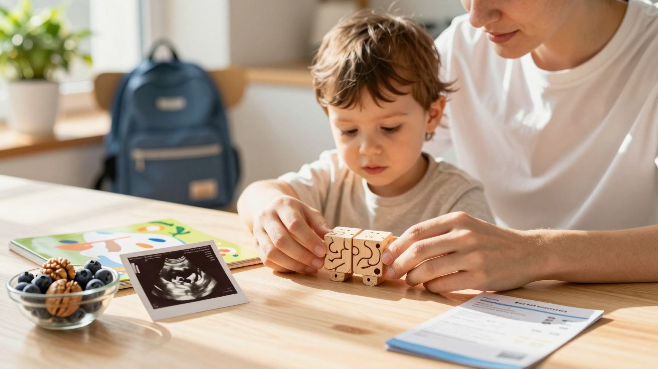 Criança brinca com puzzle na mesa, enquanto adulto observa. Ao lado, uma ecografia e um lanche com mirtilos.