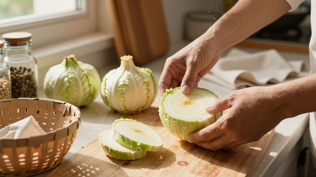Pessoa a cortar couve em tábuas numa cozinha iluminada pelo sol.