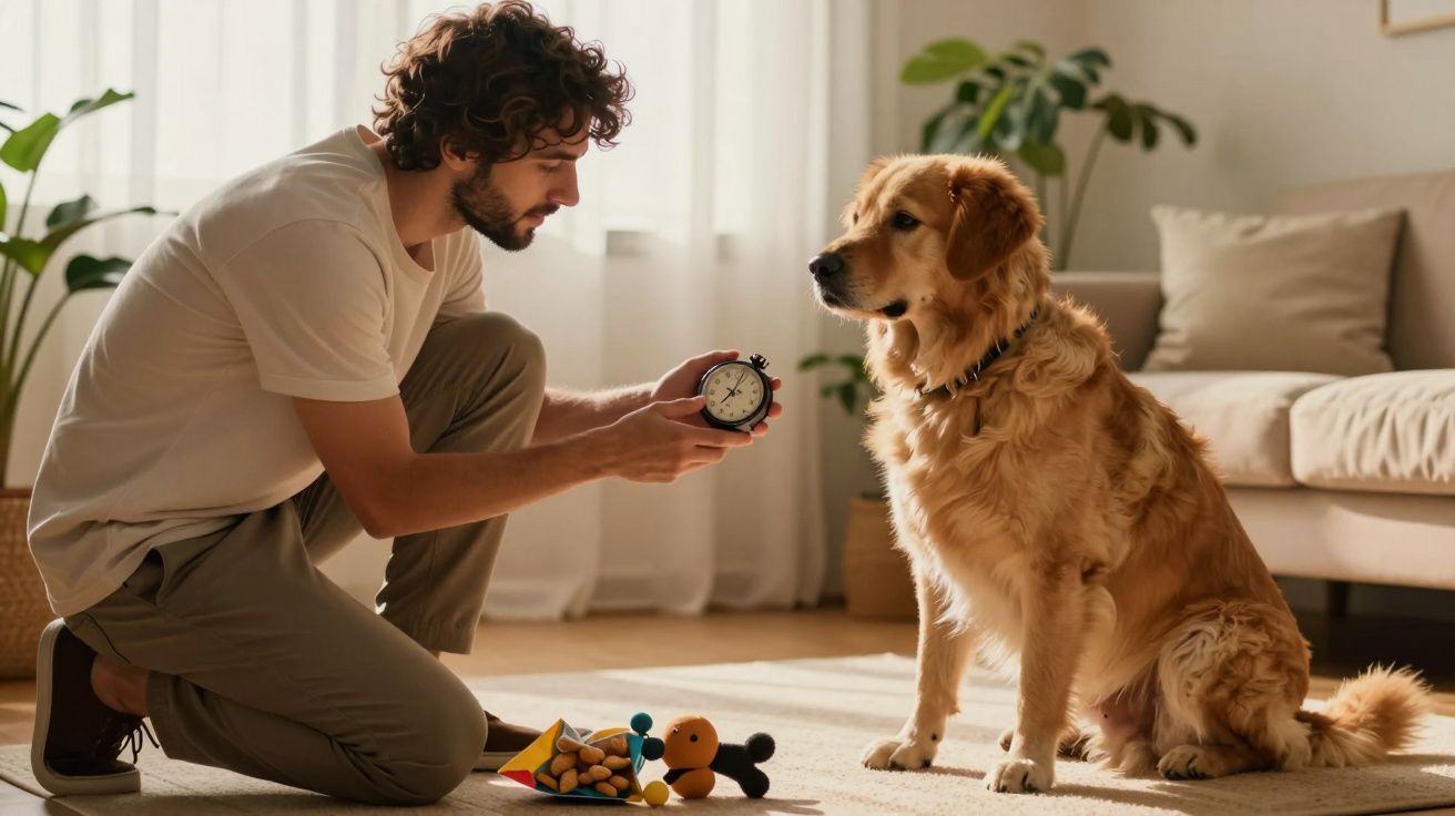 Homem ajoelhado mostra um relógio a um cão Golden Retriever numa sala iluminada. Brinquedos no chão.