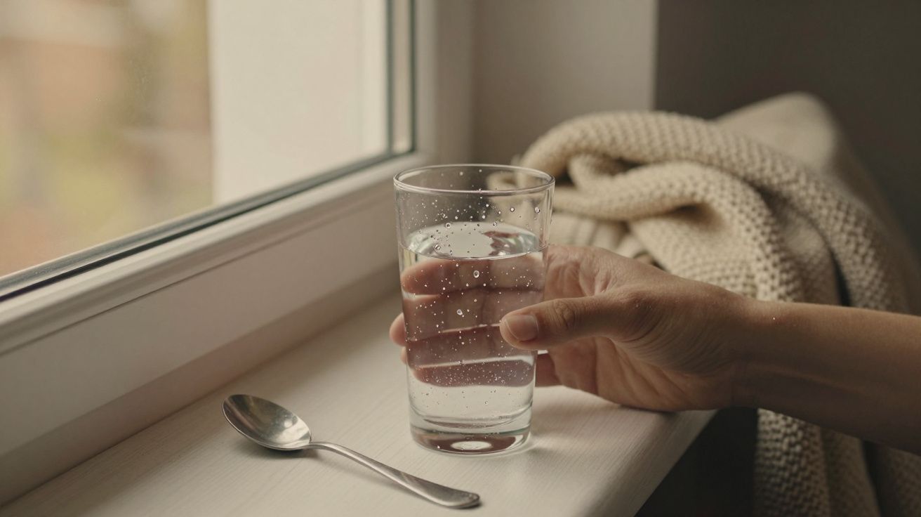 Mão segurando um copo de água ao lado de uma colher, perto de uma janela com uma manta.