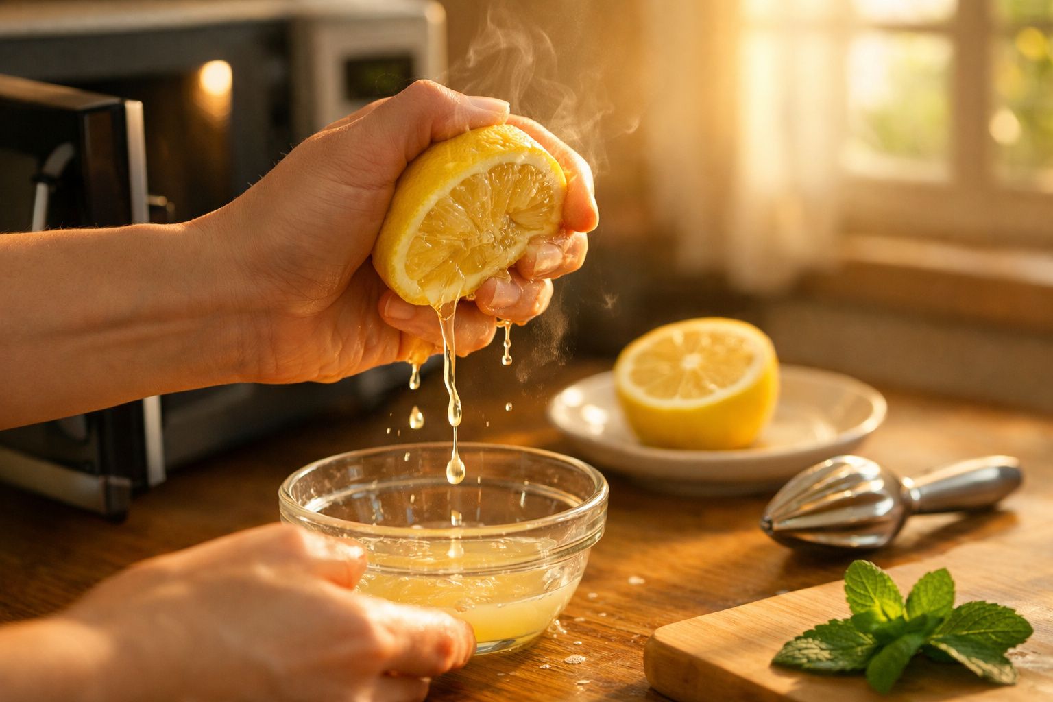 Mão a espremer limão sobre uma tigela, com luz do sol ao fundo, numa cozinha.
