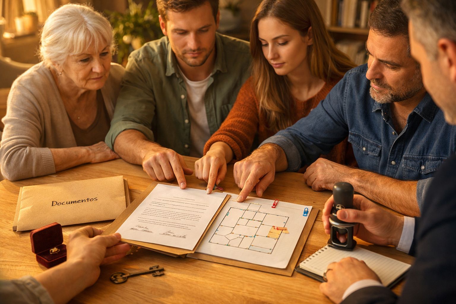 Grupo de pessoas reunido à volta de uma mesa, analisando documentos com planta baixa e envelope marcado "Documentos".