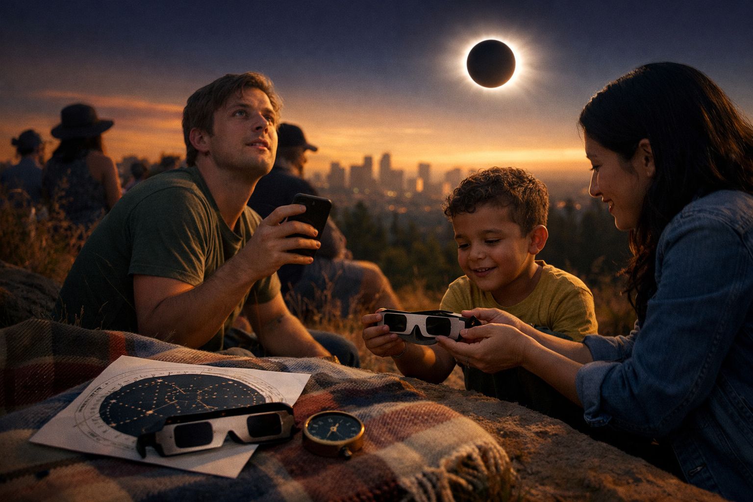 Família ao pôr do sol observa eclipse solar com óculos especiais, tabela estelar e bússola numa colina com vista para a cidad