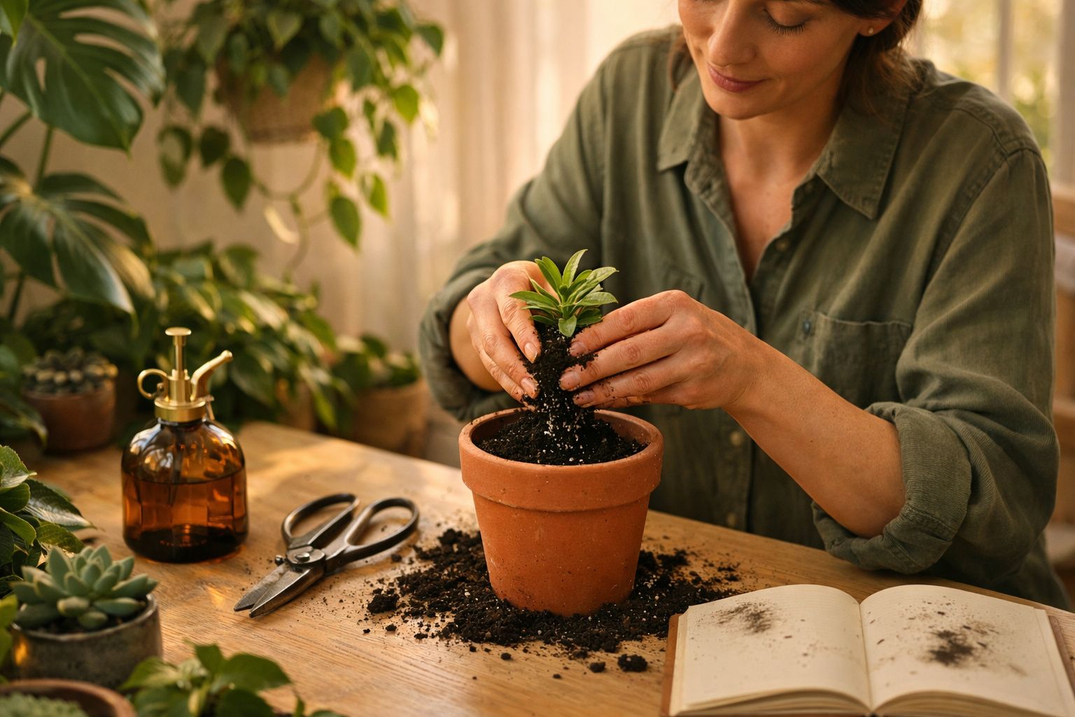 Pessoa a plantar uma muda num vaso de barro, rodeada de plantas, tesoura, borrifador e caderno sobre a mesa.