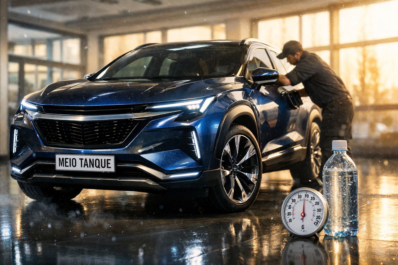 SUV azul em lava-jato, placa "MEIO TANQUE", pessoa limpa o vidro. Em primeiro plano, uma garrafa de água e um termómetro.