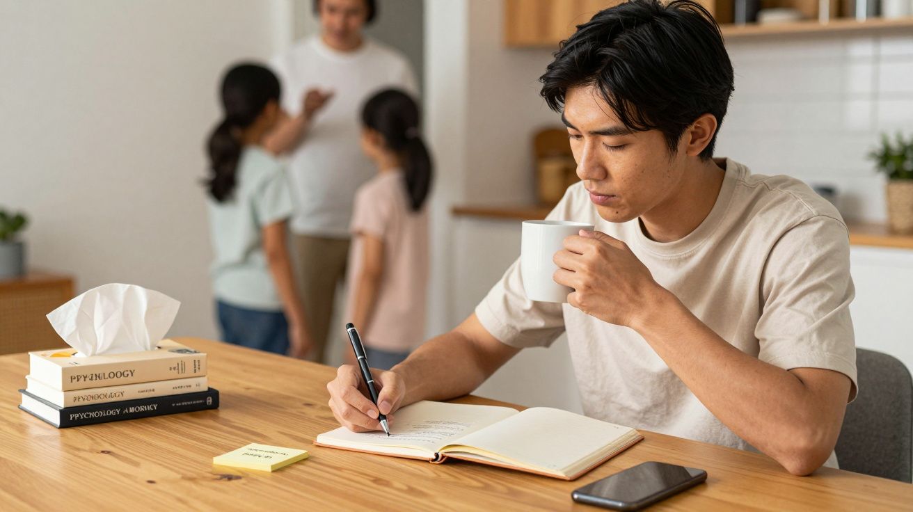 Homem escrevendo num caderno com uma caneca na mão. Ao fundo, uma família conversa na cozinha.
