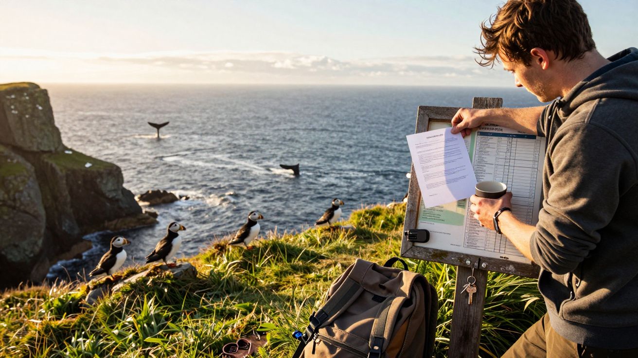Homem observa papagaios-do-mar num penhasco com baleias no mar ao fundo, segurando copo e papel junto a mochila.