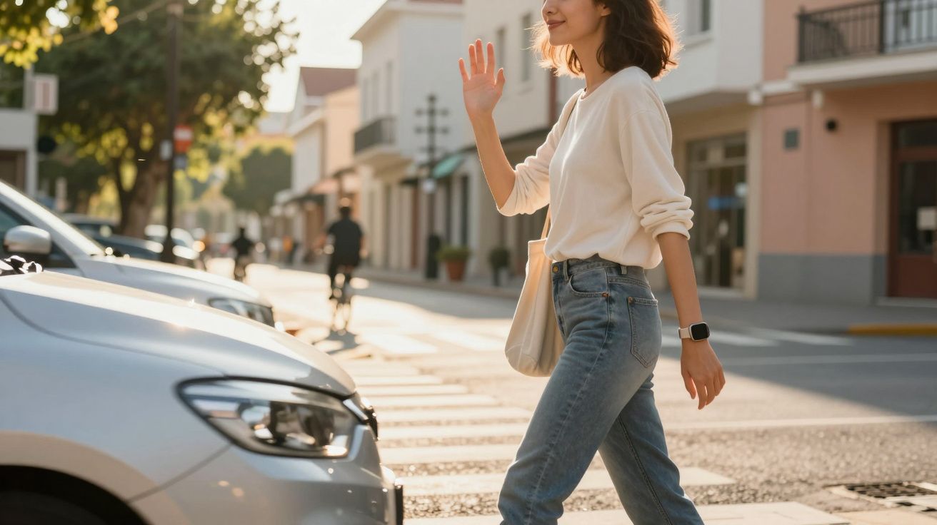 Mulher a atravessar passadeira numa rua urbana, sorrindo e a acenar, durante dia ensolarado.