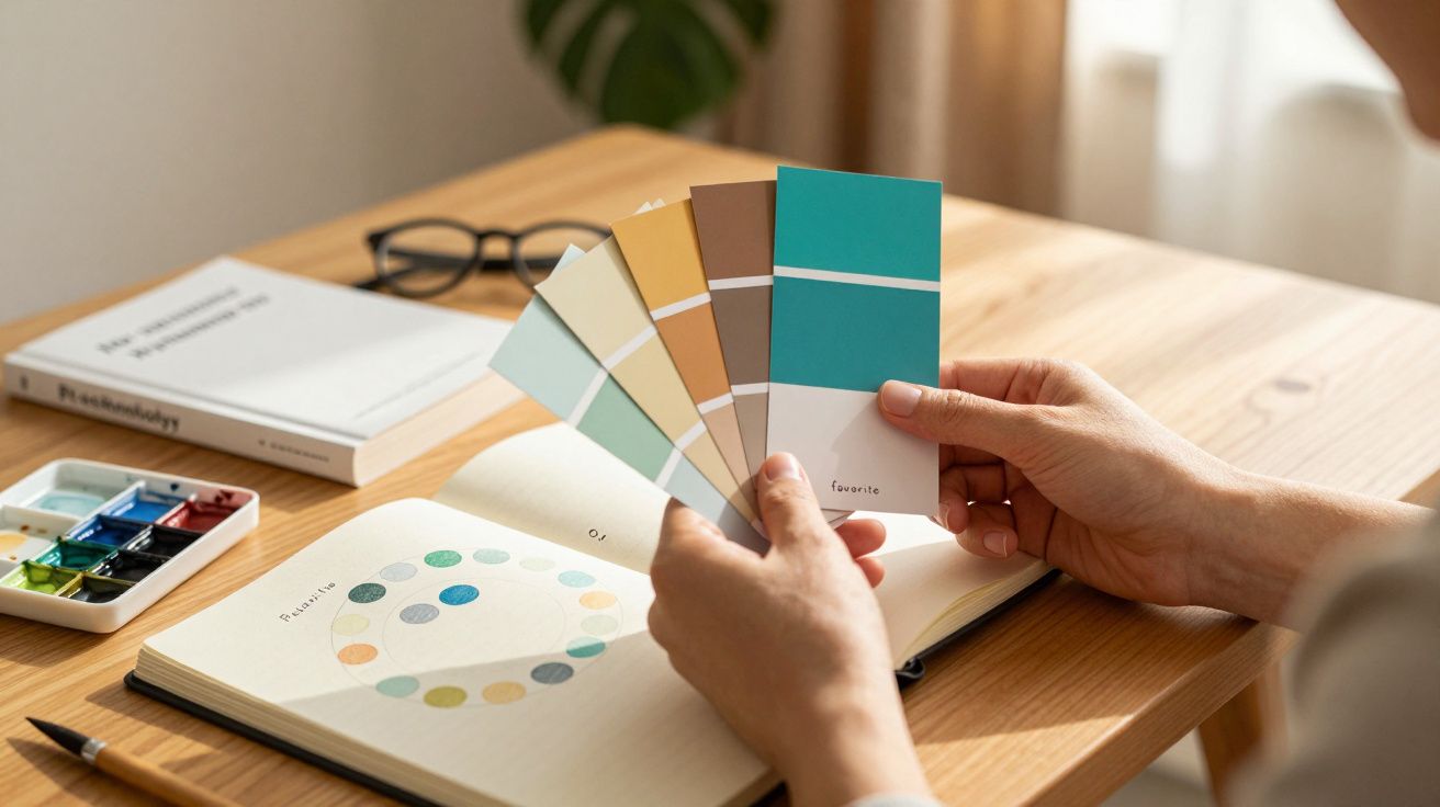 Pessoa segurando amostras de cores, com caderno de paleta de cores, tintas e livro sobre a mesa de madeira.