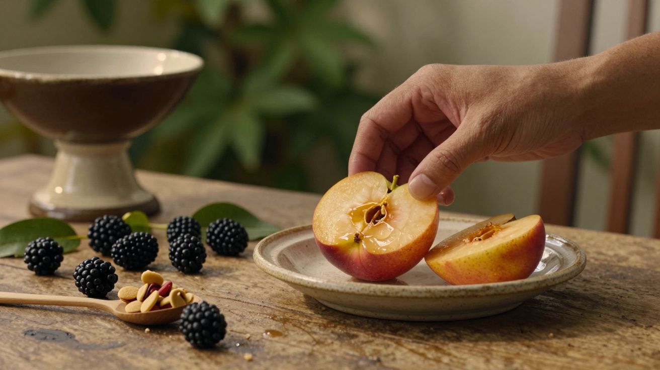 Mão coloca metade de um pêssego num prato. Amoras e frutos secos espalhados sobre a mesa de madeira.