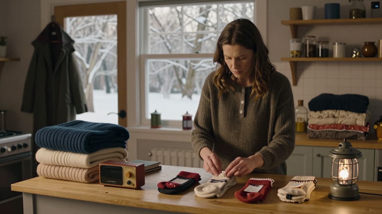 Mulher a dobrar meias numa cozinha, com cobertores dobrados e uma lanterna sobre a bancada de madeira.