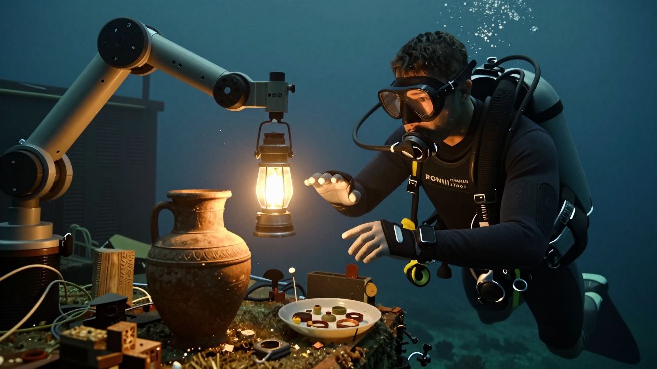Mergulhador e robô exploram mesa subaquática com vaso antigo e lanterna.