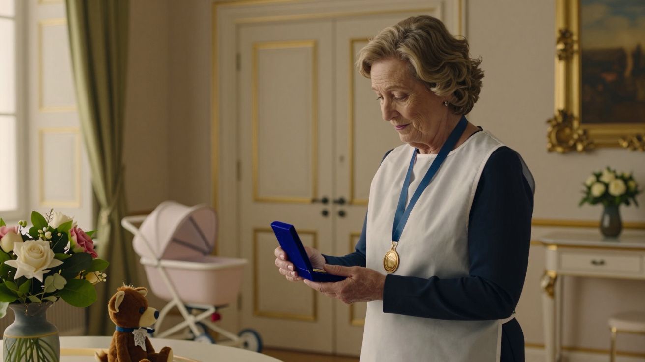 Mulher idosa com medalha observa objeto em caixa azul, em sala decorada com berço e flores.
