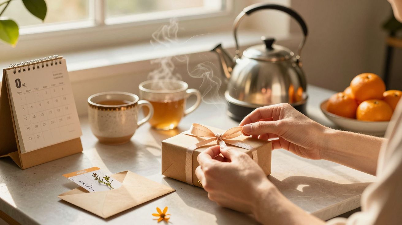 Mãos a embrulhar presente, chávena de chá fumegante, chaleira, laranjas e calendário sobre a mesa junto à janela.