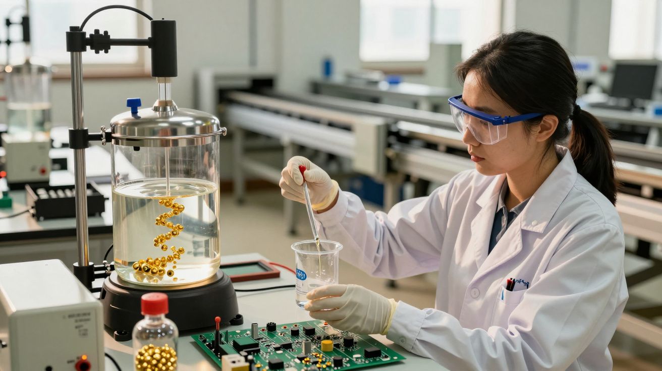 Cientista em laboratório, usa pipeta para misturar líquido em béquer. Equipamento e material de pesquisa ao redor.