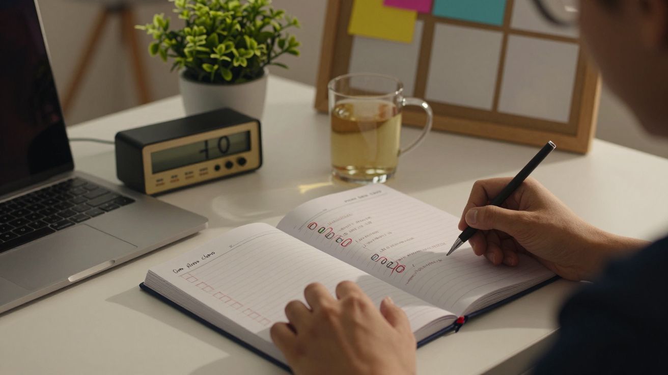 Pessoa a escrever num caderno numa secretária com um laptop, relógio digital, chávenas e planta.