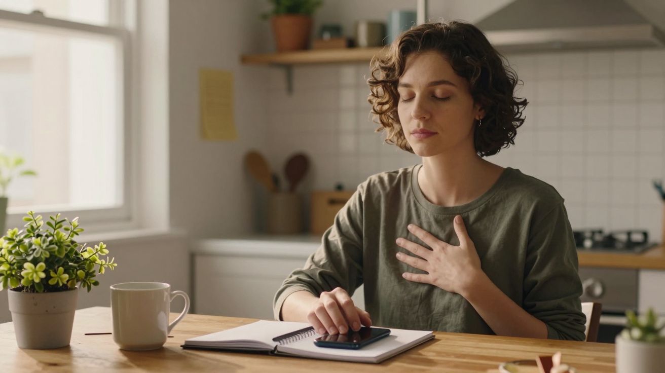 Pessoa sentada à mesa de cozinha com mão no peito, olhos fechados, ao lado de caderno e planta.