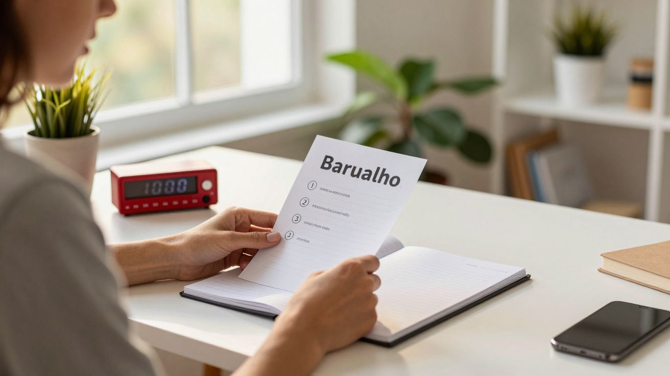 Pessoa segurando folha com lista de tarefas num escritório com relógio e telemóvel na secretária.