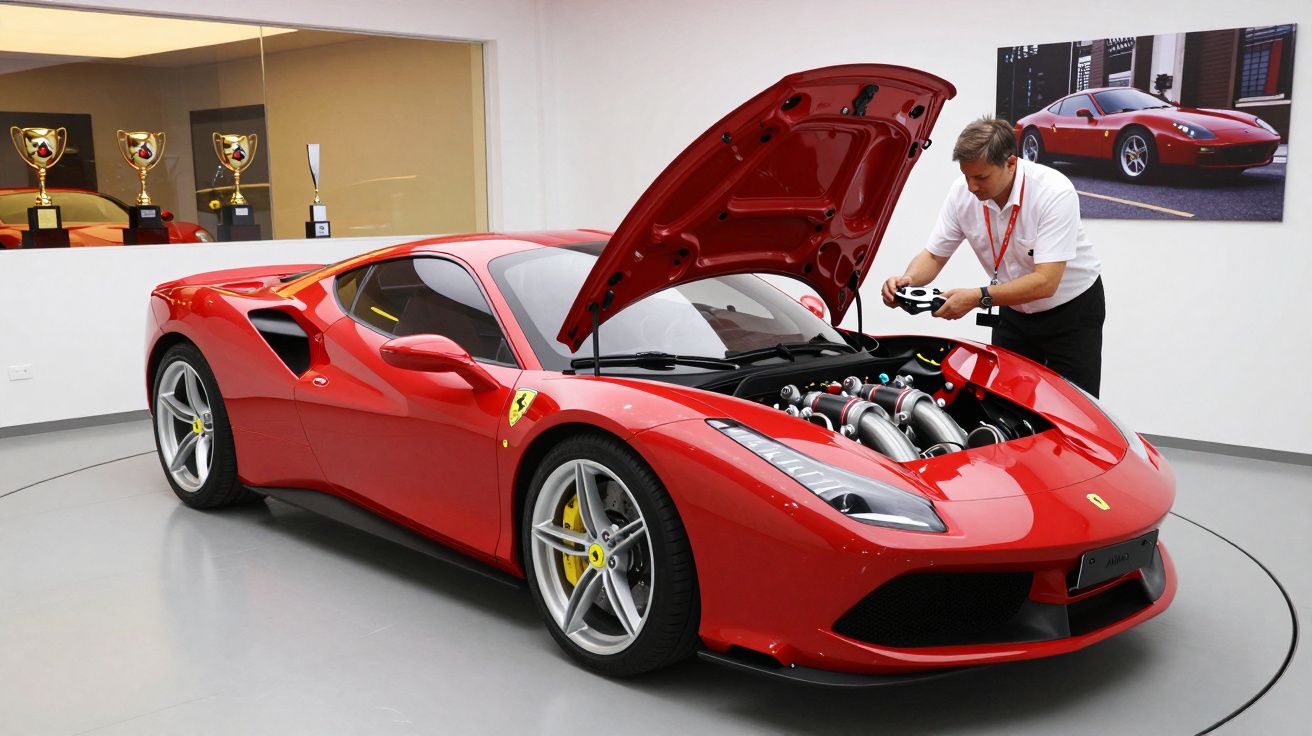 Homem inspeciona motor de carro desportivo vermelho com o capô aberto, troféus ao fundo.