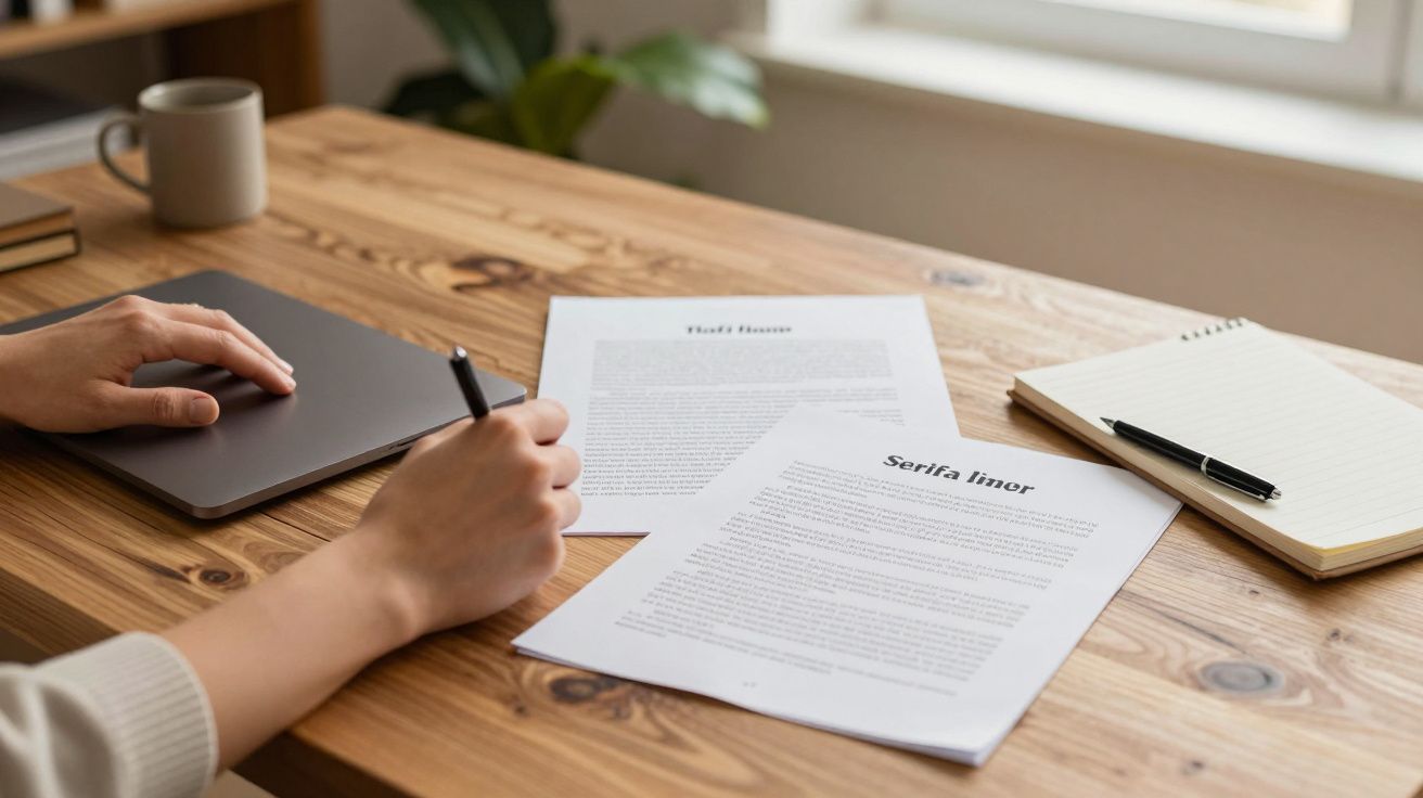 Pessoa a escrever à mão enquanto lê documentos numa mesa de madeira.