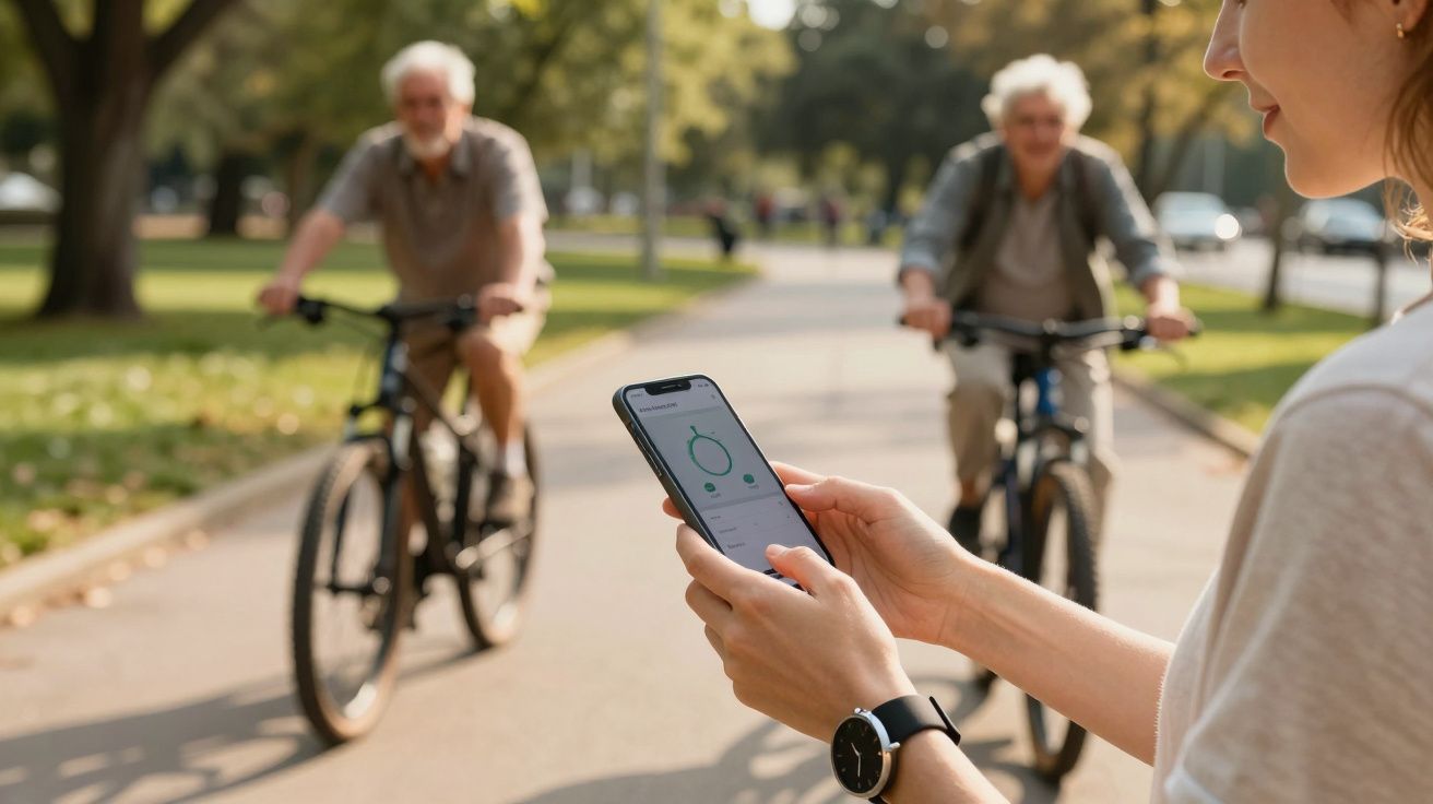 Mulher usando smartphone com aplicação enquanto dois idosos andam de bicicleta num parque ao fundo.