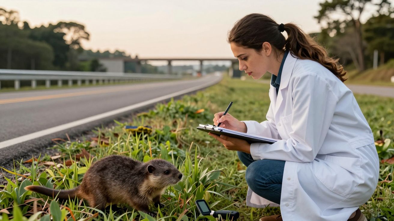 Investigadora de bata branca observa um animal à beira de uma estrada, tomando notas num bloco.