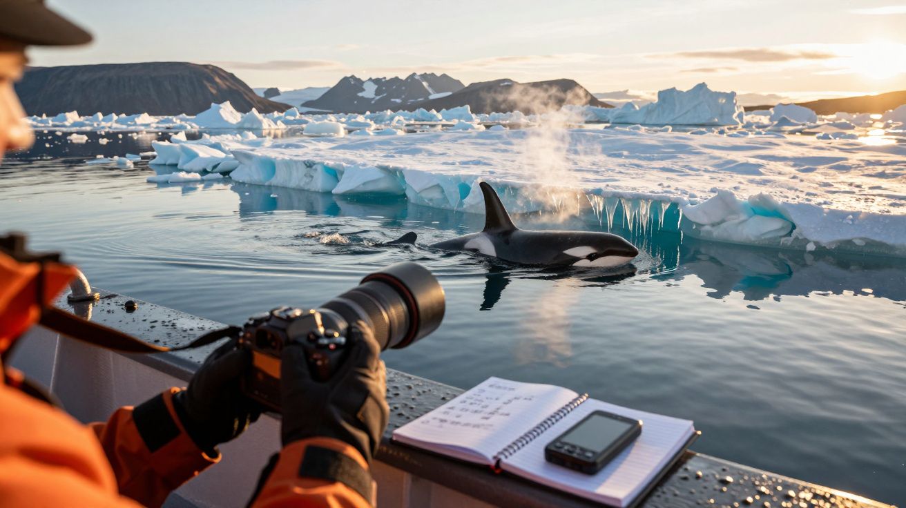 Fotógrafo tira foto de orca emergindo no mar ártico, rodeada por gelo, com caderno e telemóvel ao lado.