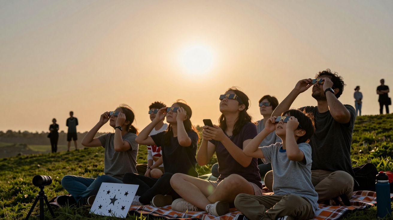 Grupo de pessoas num campo a observar o céu com óculos especiais durante o pôr do sol.