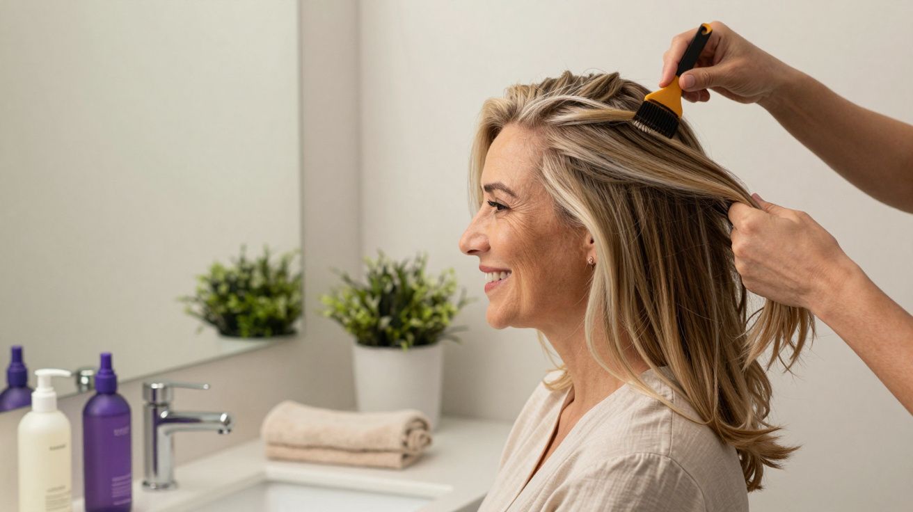 Mulher sorridente recebe tratamento capilar num salão moderno com produtos e toalha ao fundo.