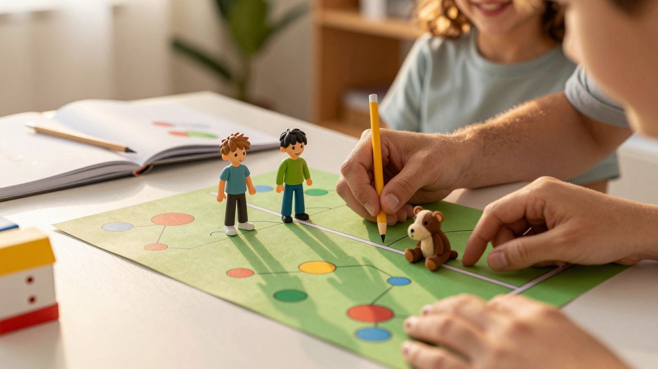 Criança brinca com bonecos e um urso de peluche num tapete de jogo colorido, enquanto desenha com um lápis.